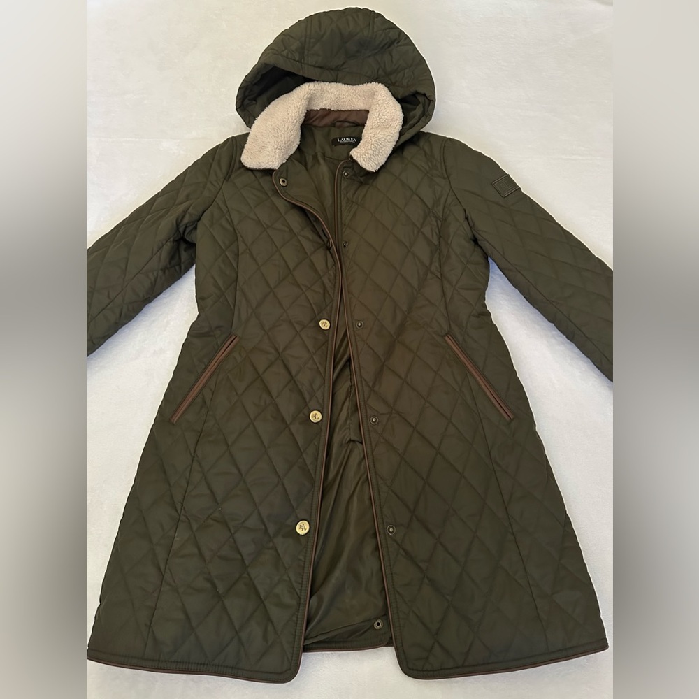 Ralph Lauren Olive Quilted Puffer Coat with Faux Fur Collar